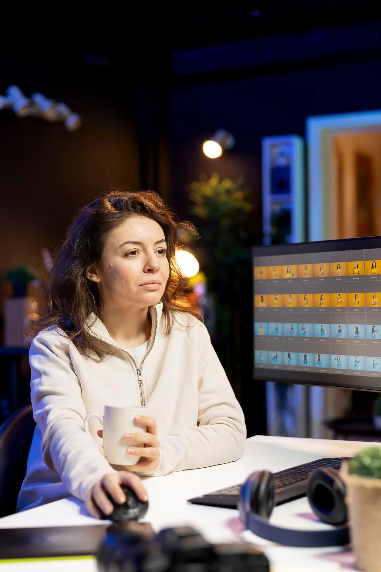 Fotograf nutzt Software zur Bildbearbeitung und genießt dabei Kaffee.